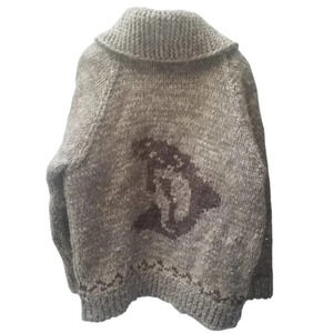 Cowichan Vintage Wool Whale Hand Knit Zip Up  Sweater Jacket